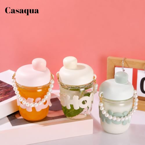 Image of Glass Tumbler with Lid & Pearl Handle - 350ml, Set of 1, Cute Drinking Glass Cup with Silicone Sleeve, Leakproof Portable Water Bottle for Coffee, Juice, Milk (Receiving rendom Color)