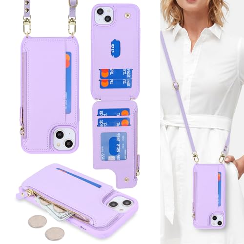 Étui portefeuille iPhone 14 cuir violet avec pochette fermeture éclair