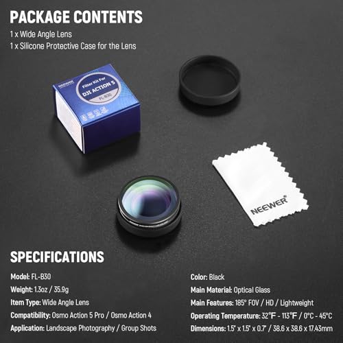 Image of NEEWER OSMO Action FOV Boost Lens, 185 FOV Wide Angle Lens Compatible with DJI OSMO Action 4 /5 Pro Accessories, Threaded Attachment Coated Action Camera Lens, FL-B30