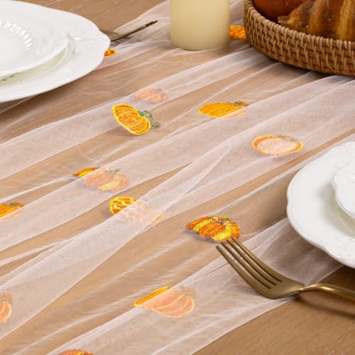 Image of Pumpkin Embroidery Fall Table Runner White Sheer Tulle Table Runner, 3PC