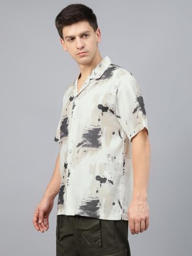 Image of Veirdo Poly Cotton Oversized Loose Baggy Fit Drop Shoulder Cool and Stylish Abstract Print Men Camp Collar Shirt