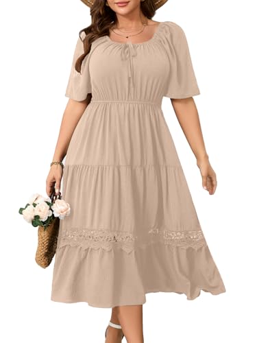 Image of RWJ Women's Plus Size Maxi Dress Short Sleeve Square Neck Flowy A-Line Lace Trim Flutter Party Casual Off Shoulder Dresses