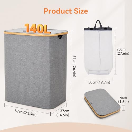 Warmiehomy 140L Laundry Basket with Lid, 3 Compartments Laundry Basket Foldable Laundry Hamper Large Laundry Bin Washing Baskets with Removeable Inner Bags for Bathroom,Bedroom,Grey - Image 2