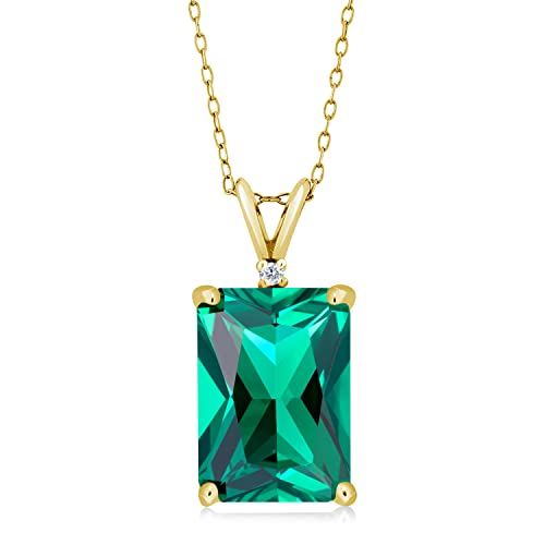 Gem Stone King 18K Yellow Gold Plated Silver Emerald Cut Gemstone Birthstone and Round Accent White Diamond Pendant Necklace for Women | 14X10MM Emerald Cut and 1.5MM Round | With 18 Inch Silver Chain