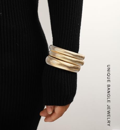 Chunky Gold Bangle Bracelets for Women, Big Thick Stretch Bangles Set, Trendy Stackable Bangle Bracelet Stack Fashion Accessories Boho Jewelry Gifts2