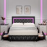 BarnFurin Queen Bed Frame with LED Lights, Upholstered Bed Frame with Storage Drawers, Modern Platform Bed with Diamond Headboard and Footboard, No Box Spring Needed, Black