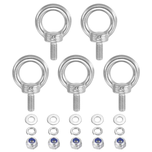 PATIKIL M5 x 10mm Lifting Shoulder Eye Bolt, 5Pcs 304 Stainless Steel Lifting Ring Threaded Eyebolt with Nuts Washers for Hanging Hammocks Articles