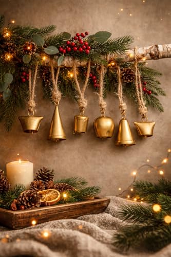 Image of Rustic Brass Hanging Bells Pack of 6 | Vintage Mini Bells with Rope for Home Decor, Diwali Pooja, Wall Art, Christmas & Craft Use