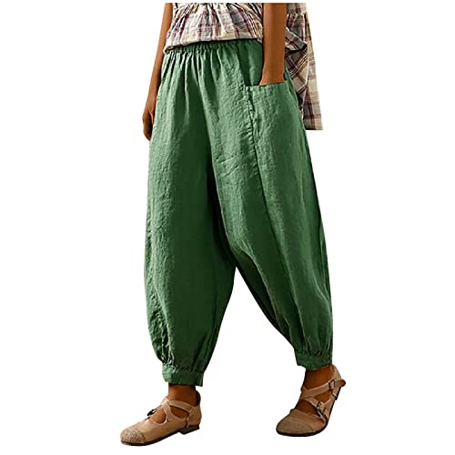 Women Casual Beam Foot Pants Elastic Waist Loose Lounge Cotton Linen Trousers Plus Size Solid Harem Pant with Pockets