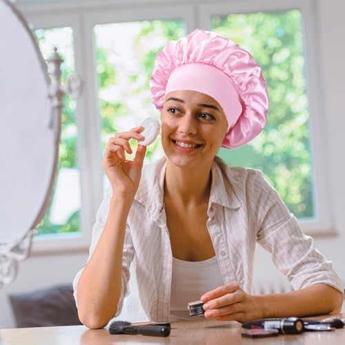 Image of Satin Bonnet Sleep Cap with Wide Elastic Band Silk Wrap Soft Headwear Sleep Cap for Women Girls Curly Hair