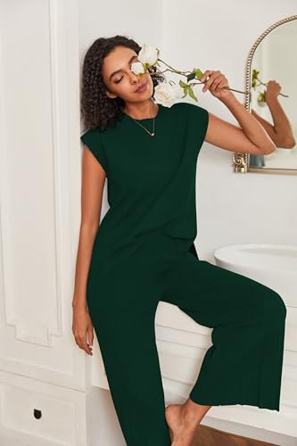 Image of Ekouaer Lounge Sets for Women Two Piece Outfits Knit Cap Sleeve Tops Wide Leg Pleated Pants Casual Dressy Sweater Sets