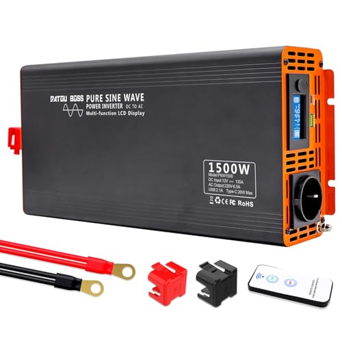 DATOUBOSS Inverter 12v 220v/230v Onda Pura 1500w/3000w, Inverter Onda Pura 1500w con LCD Display e 1 presa AC e 1 Porte USB & Type-c per Auto,Camion, Camper