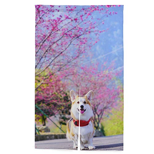 KaariDream のれん 遮光 目隠し おしゃれ 暖簾 ロング 綿 カーテン 間仕切り 遮熱 コーギー いぬ 犬柄 アニマル 桜 自然風景 可愛い 玄関 飲食店 インテリア 出入り口 レストラン 家庭用 業務用 突っ張り棒付き 86x143cm