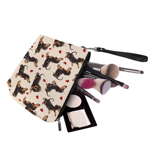 Jeiento Kosmetiktasche für Damen, tragbar, klein, Make-up-Tasche, Kulturbeutel, Organizer, PU-Leder, Dackel-Hunde-Liebesherz, L