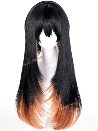 Image of Amo Empool Cosplay Wig 27.5'' Long Straight Black Orange Brown Anime Wigs | Black Layered Wig with Bangs for Women Halloween Costumes Party Daily
