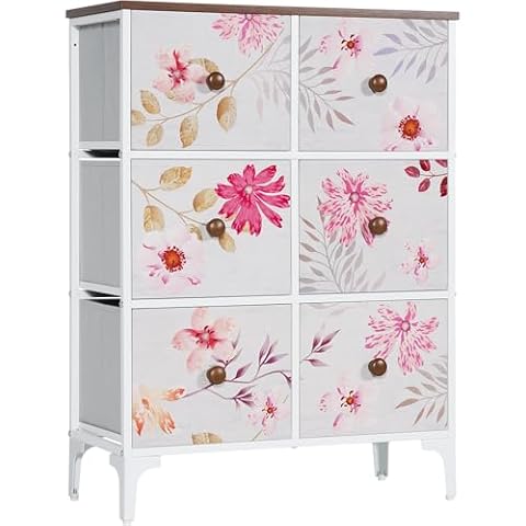 LYNCOHOME Dresser for Bedroom Decorative Accent Cabinet with Floral Medallion Pattern 6 Drawer Cover