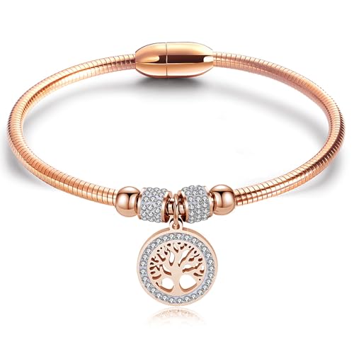 Pulseras, Watch Pptabold Árbol de la Vida Pulseras para Mujer Acero Inoxidable, Regalos de Cumpleaños para Mujer Mamá Novia Esposa, Pulsera Joyeria Oro Rosa Brazalete con...