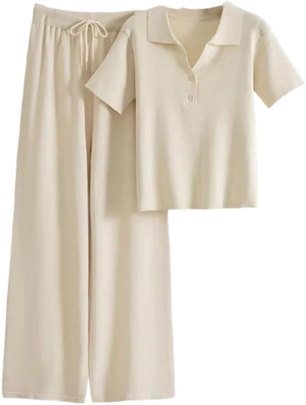 Women Polo Neck Short Sleeved Knitted Tops Up Elastic Waist Pants 2-Piece Set Casual Suit