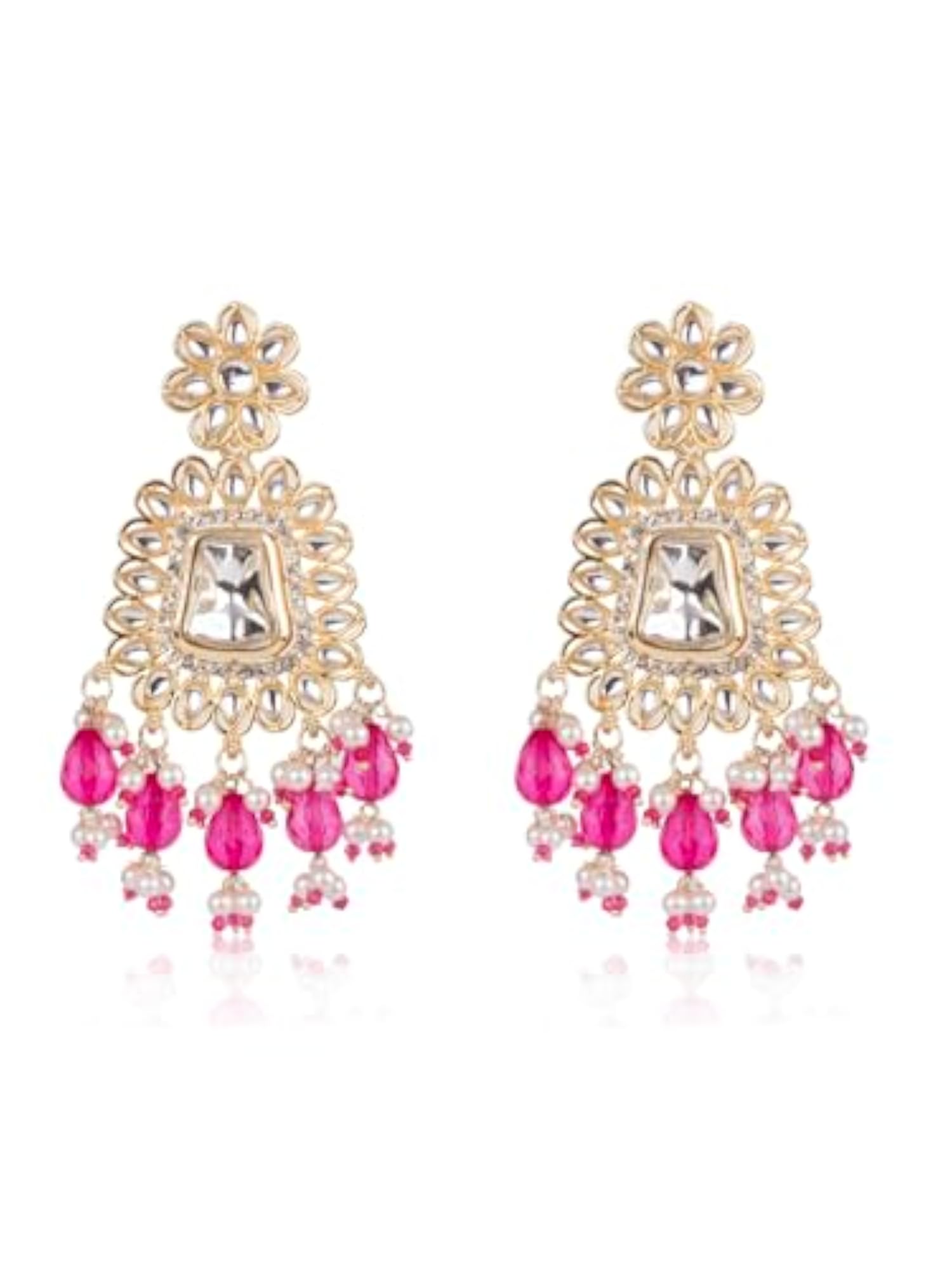 Gold Plated Pink Beaded Poki Jewellery Set with Maangtika