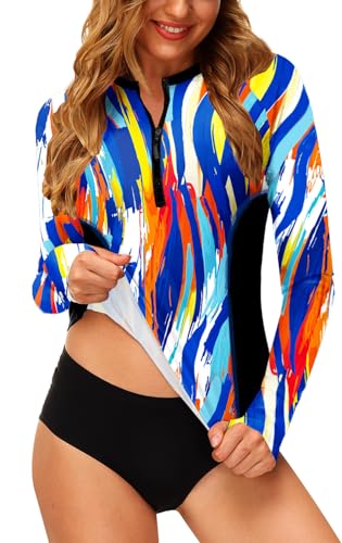 SPF Swim Shirt for Women Long Sleeve Zip Up Rash Guard Colorful Stripe Printed Athletic Sun Shirt M