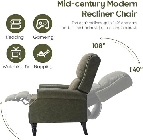 Trygoal Leather Recliner Chair, Pushback Recliner Chair with Adjustable Backrest Footrest, Mid Modern Reclining with Overstuffed Arms Lumbar Support for Reading, Living Room, Dark Green