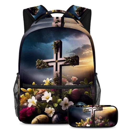 Sac à dos noir Croix de Pâques avec trousse pour l'école et sorties