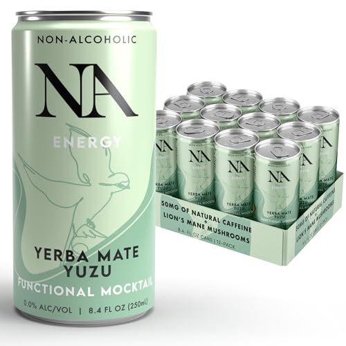 NA Non-Alcoholic Functional Mocktails with Natural Caffeine, Lions Mane Mushroom & L-Theanine for Focus and Energy | Low Sugar, Low Calorie Social Tonic, Yerba Mate Tea and Yuzu, 8.4oz Cans (12 Pack)