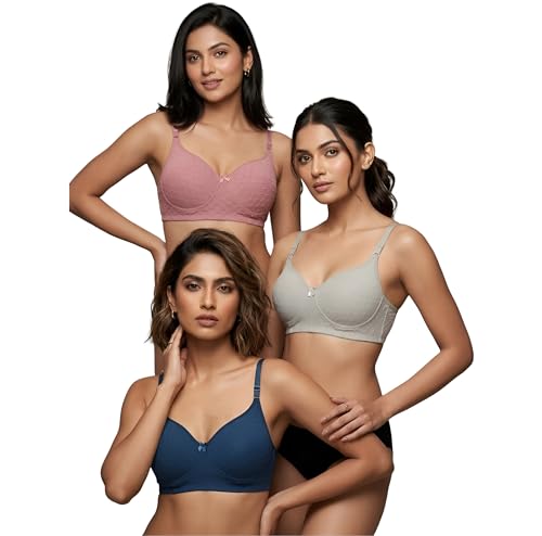Image of Women's Pure Cotton Blend Lightly Padded Bra (Pack of 3) | Full Coverage Wirefree T-Shirt Bra | Soft Breathable Everyday Bra | Adjustable Straps | Comfortable Multicolor Bra