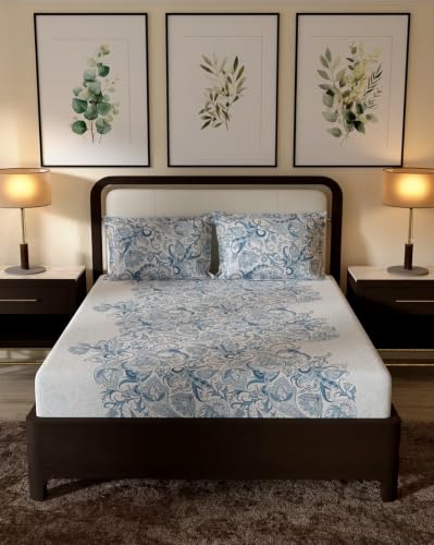Image of Portico New York Monarch 100% Cotton Double Bedsheet with 2 Pillow Covers | 144 TC | Flat Bedsheet | Super Soft | Oeko-TEX Standard 100 Certified | 2.24 x 2.54 m | BLUEHAVEN