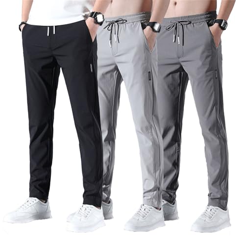 Miracharm Lightweight Pants for Men 3 Pack, Mens Breathable Quick Dry Stretch Drawstring Pants with Zip Pockets