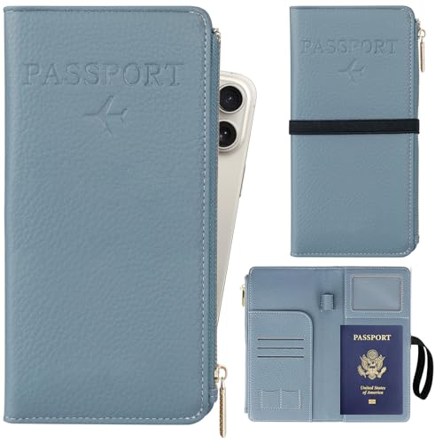 TIGARI Rfid Passport Wallet for Women, Travel Wallet Passport Holder for Travel, Leather Zipper Pocket Card Slots Purses, Travel Document Organizer Waterproof Travel Accessories (Blue)