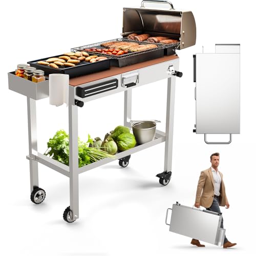 Portable and foldable stainless steel outdoor grill table designed for 17"/22" griddles, providing ample space, mobility with wheels, and including a built-in condiment and paper towel tray