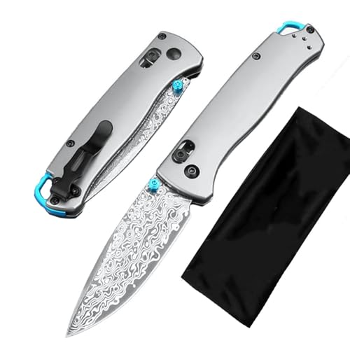 Joa Couteau Pliant de Qualité Supérieure - Couteau de Poche Damassé Robuste en Acier de Damas et Titane - Petit Couteau de Survie en Plein Air - Couteau de Chasse EDC - Argenté