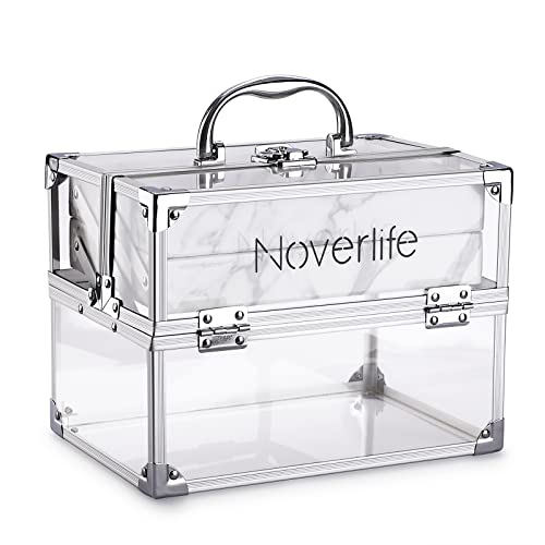 Noverlife Silver Acrylic Makeup Train Case, Portable Makeup Travel Case Clear Cosmetics and Toiletry Train Case Jewelry Organizer with Lock, Makeup Tools Cosmetic Organizer Box with 2 Extendable Trays