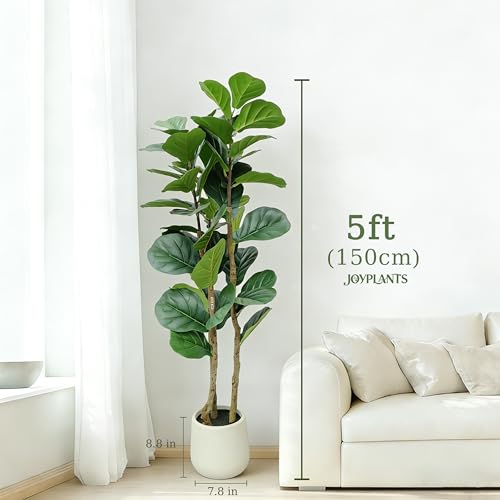 Joyplants 5ft Fake Fiddle Leaf Fig Tree, Realistic Fake Plants with Natural-Looking Trunk, Evergreen Faux Plants Indoor for Home & Office Decor（3 Poles, White Pot） by Joyplants - Used condition - Image 2