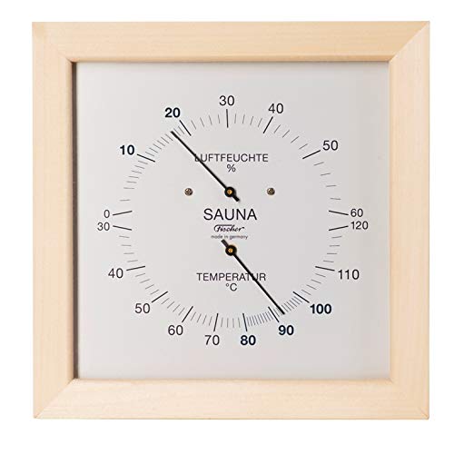 Fischer 187TH-03 - Termohigrómetro para Sauna, Carcasa de Madera, 200 x 200 mm, Humedad 0 a 60% HR, Temperatura 30 a 120 ° C