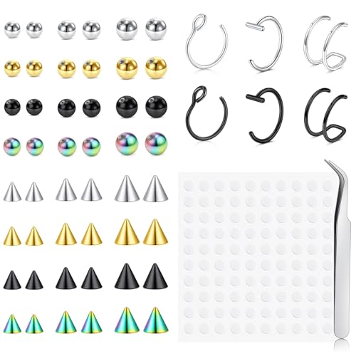 Zolure Fake Piercing Fake Eyebrow Ring Fake Lip Labret Studs Replacement Balls Spike with 100pcs Sticker Non-Piercing Body Jewelry
