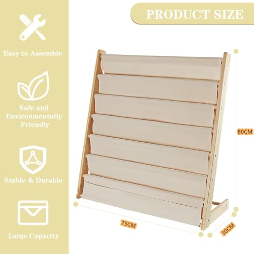 Beauenty 6-Tier Kids Bookshelf,Wood Bookrack,Canvas Book Storage Shelf Display,With Deep Sleeve Storage,Kids Book Rack Storage,Baby Bookcase Organizer,Magazine Rack,Toy Storages(80 * 75 * 30CM)