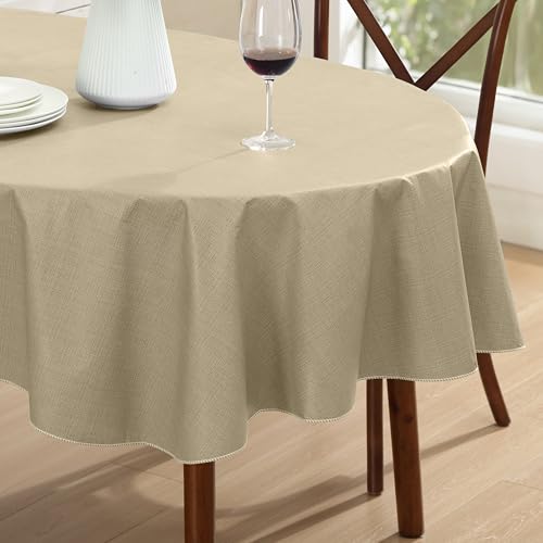 Cafe Hotel Linen Look Solid Color Heavy 4 Gauge Vinyl Flannel Backed Tablecloth, Indoor/Outdoor Wipe Clean Tablecloth, 60 Inch x 84 Inch Oval, Sand