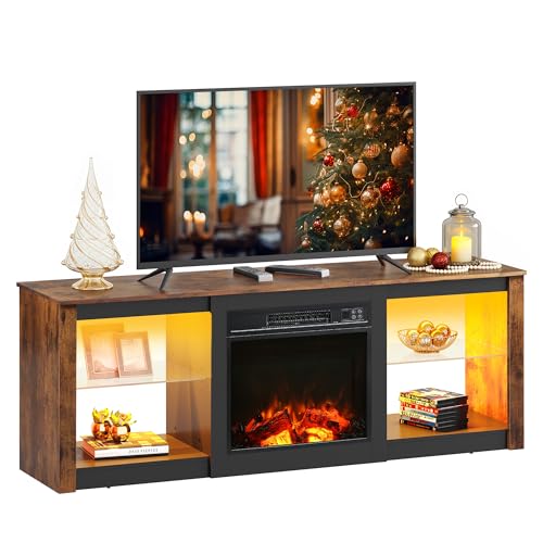 WLIVE 58 Inches Fireplace TV Stand with LED Lights, Modern Entertainment Center with 18'' Electric Fireplace & Adjustable Glass Shelves, Sturdy Media Console for Living Room, Bedroom (Brown)