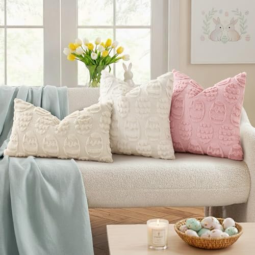 Image of decorUhome Easter Cream White Egg Pillow Covers 20x20 Inch Set of 2, Soft Plush Faux Wool Jacquard Cushion Covers, Farmhouse Neutral Fuzzy Spring Easter Holiday Decor for Couch Sofa Bed