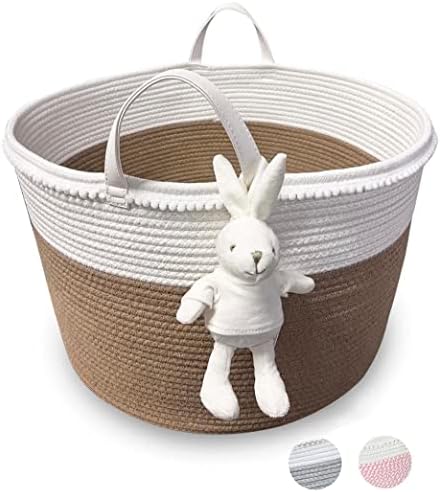 Baby Laundry Basket -Large Baby Basket Toy Storage – Grey Laundry Hamper- Pink Hamper -Toy Storage Woven Baskets and Nursery Organizer - Toy Organizers and Storage- Brown color with bunny rattle