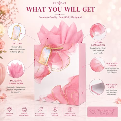 Image of Flora Paperbags | Paper Bags for Gifting - Pack of 5 | Gift Bags with Handles for Return Gifts, Wedding, Birthday, Baby Shower, Diwali & Corporate Gifting | Medium Size 30 x 23 x 9 cm | Paper Gift Bags