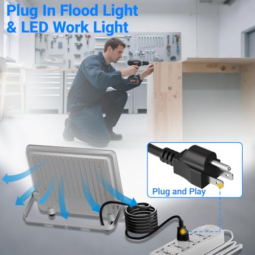 Ceena 60W Plug in LED Flood Lights Outdoor, 6000lm Super Bright LED Work Light with 5.9FT Plug, IP66 Waterproof 6000K Flood Lighting for Backyard, Workshop, Basketball Court, 2 Pack by Ceena - Used condition - Image 3