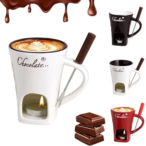 Tea Light Chocolate Fondue Mug, Personal Fondue Mugs, Ceramic Chocolate Melting Mugs, Ceramic Fondue Warmer for Chocolate, Cheese, Candy, Chocolate Melter Cup with Forks and Tealights (200 Ml)