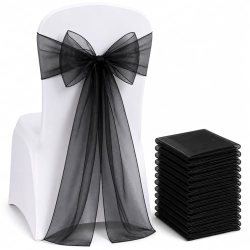 Organza Chair Bow Sash Décor Bows Sashes for Wedding Reception Events Banquets Decoration - (Pack of 25, Black)