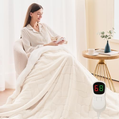 Image of Homemate Heated Throw Electric Blanket - 130x160cm Luxury Faux Fur Sherpa Heated Throw, 1/2/4/6/8 Hours Auto-Off 10 Heat Levels Digital Control With Over-Heat Protection Cream White
