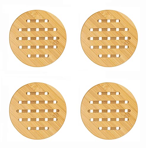 PACEKONER Set of 4 Natural Bamboo Trivets, Round, 7 Inch, Heat Resistant, Bamboo Holders for Kitchen Hot Dishes, Plates