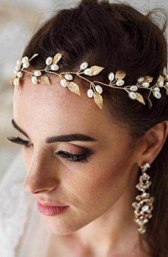 Kercisbeauty 24in Long Pearl Leaves Gold Headband for Wedding Brides Hair Vine Wreath Bridal Bridesmaids Flower Girls Headpiece Prom Hair Accessories (Gold) - Thumbnail 4