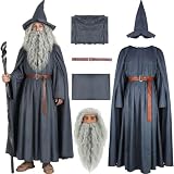 Wizard Costume with Wig Adult Warlock Robe Men Sorcerer Costume Grey Cloak Hat Cape Halloween Cosplay Outfits 3XL